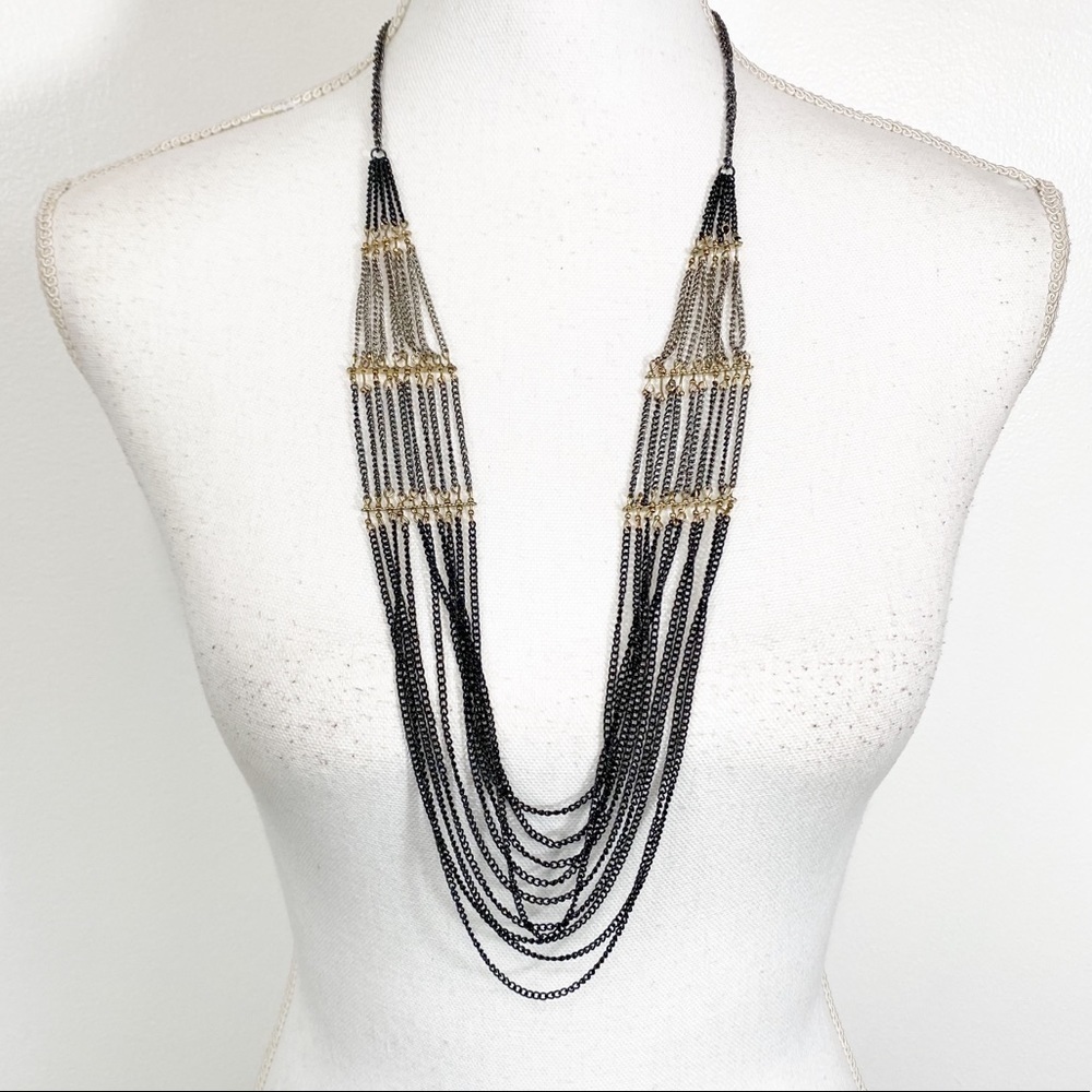 Necklace Long Black Silver Tone and Gold Tone